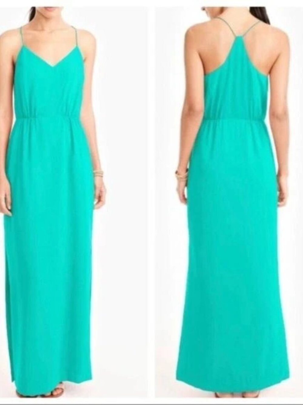 J. Crew Factory NWT Teal Green Racerback Maxi Dress 6 Cinched Waist Side Slits